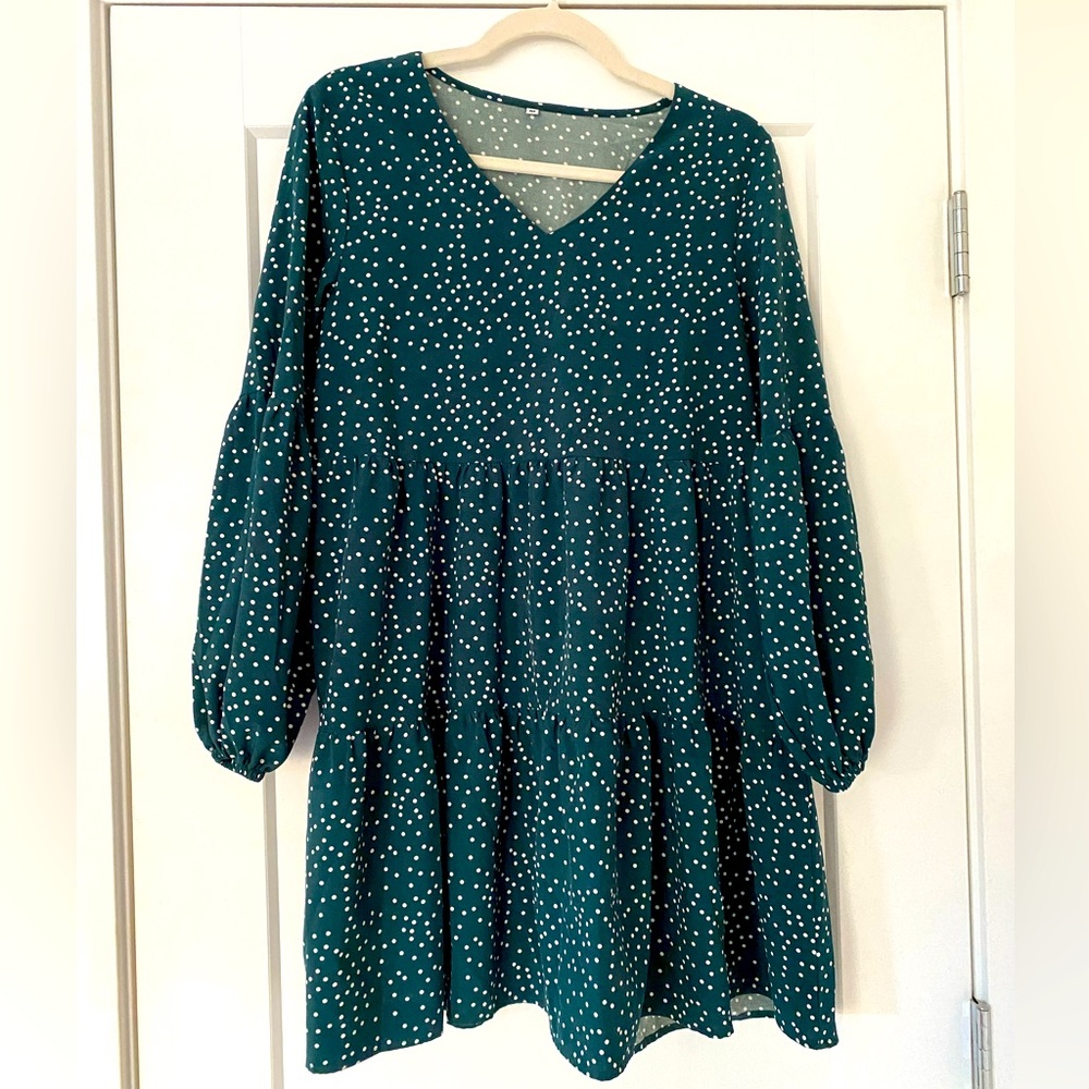Long sleeve green and white polka-dot dress.